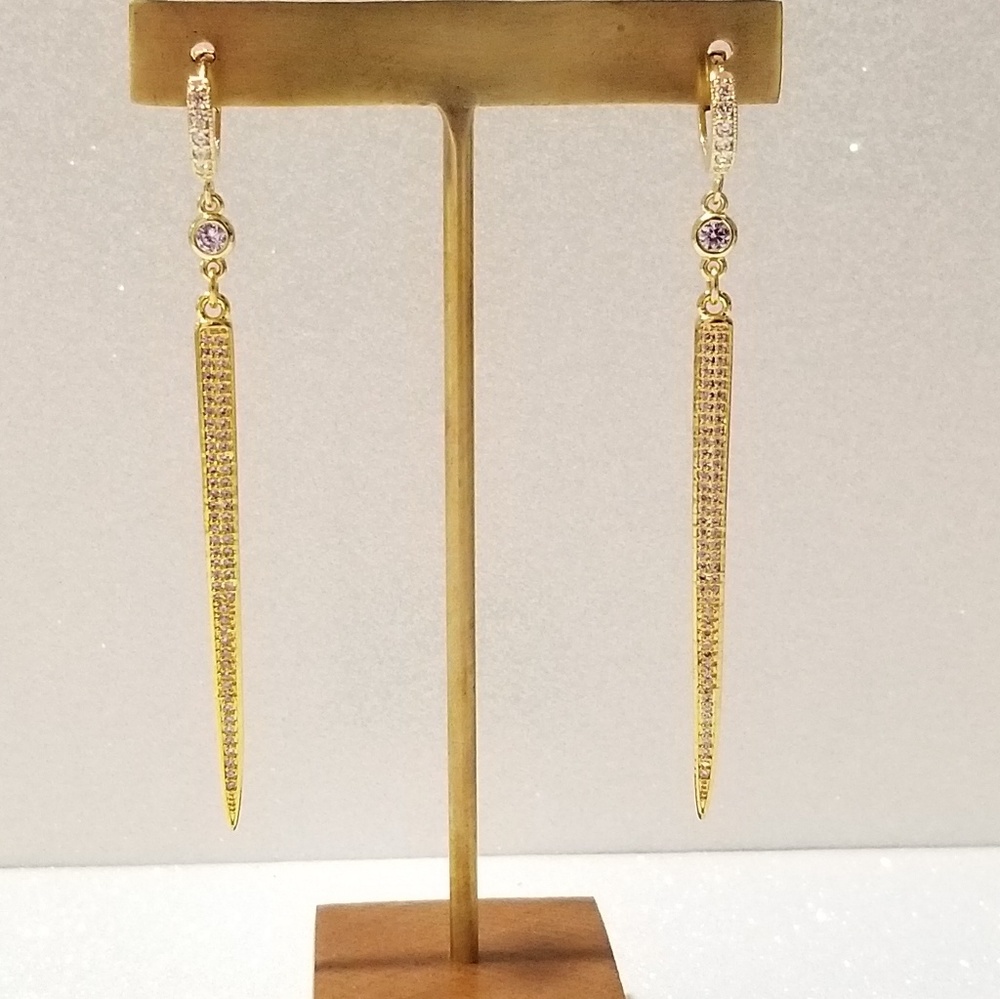 COPY - Gold long spike paved huggie hoop earrings